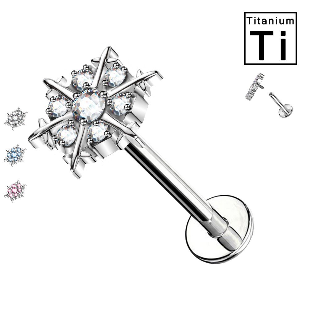 PWC-045 Labret Piercing in Titanium with Snow-Shaped Crystal and Internal Threading