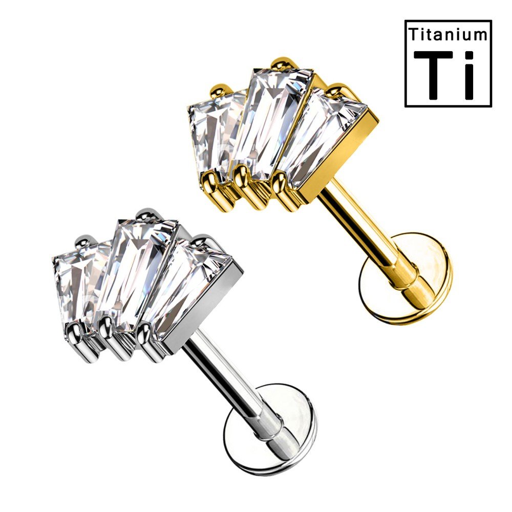 PWC-049 Titanium Labret Piercing with Rectangular Shaped Crystals and Internal Threading