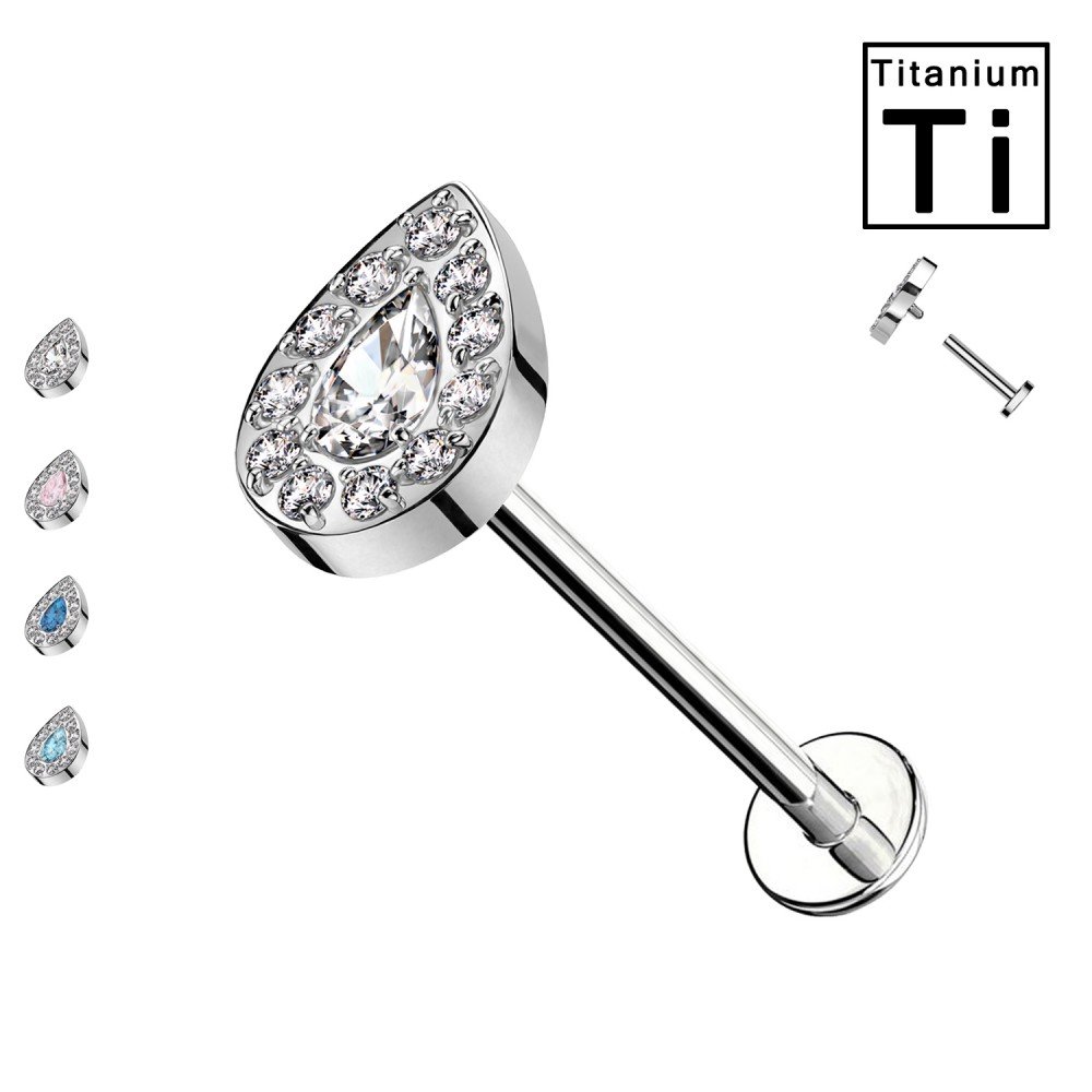 PWC-052 Piercing Labret in Titanio con Cristalli a Forma di Goccia e con Filettatura Interna