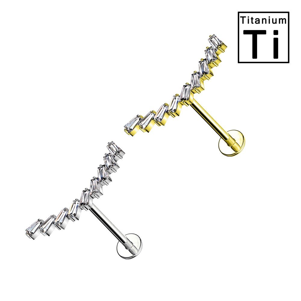 PWC-056 Labret Piercing in Titanium in the shape of nine Baguettes Rectangular Crystals and with Internal Threading