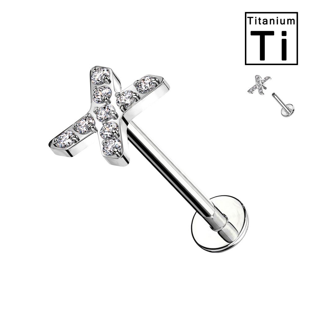 Flat Labret Piercing in Titanium with Internal Thread and 'X' Shaped Pendants with Crystals