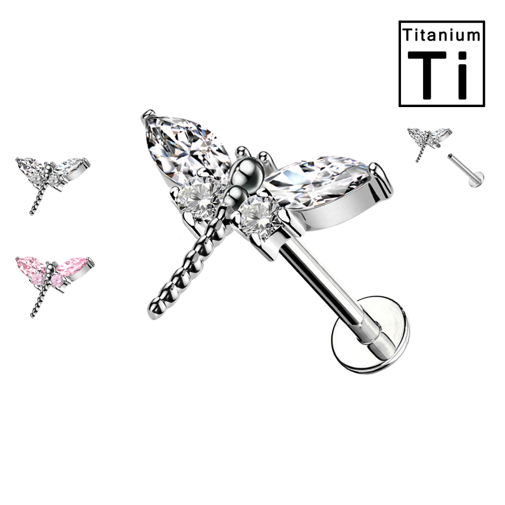 Piercing Labret in Titanio a Forma di Libellula con Cristalli con Filettatura Interna