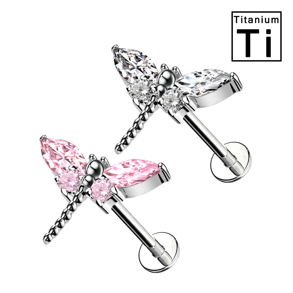 Titanium Dragonfly Labret Piercing with Crystals Internally Threaded