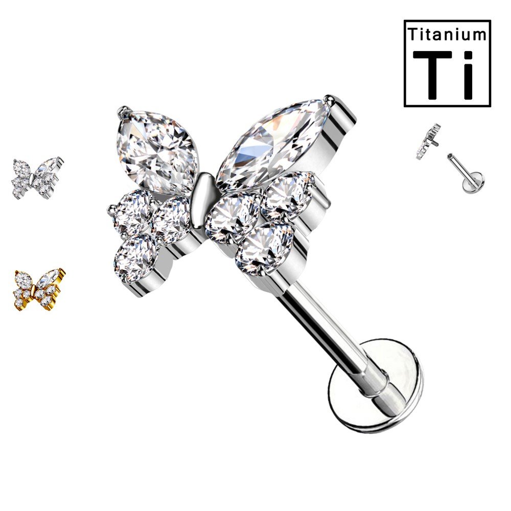 Butterfly-shaped titanium labret piercing with crystals and internal threading