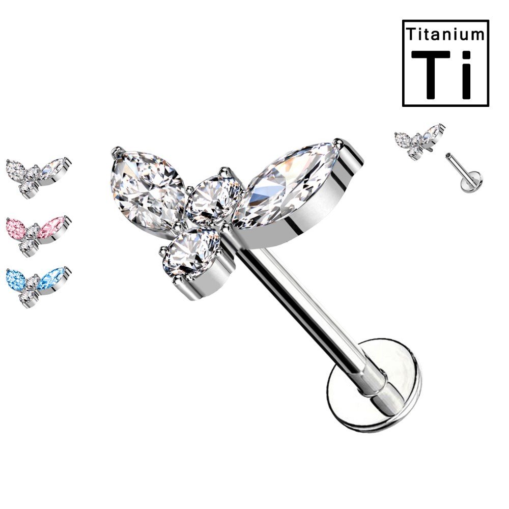 Bird-shaped Titanium Labret Piercing with crystals and Internal Threading