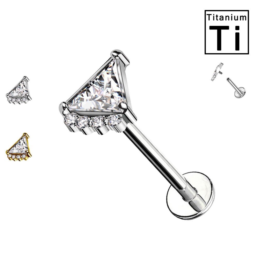 Titanium Labret Piercing with triangle-shaped crystal and small crystals and with Internal Threading