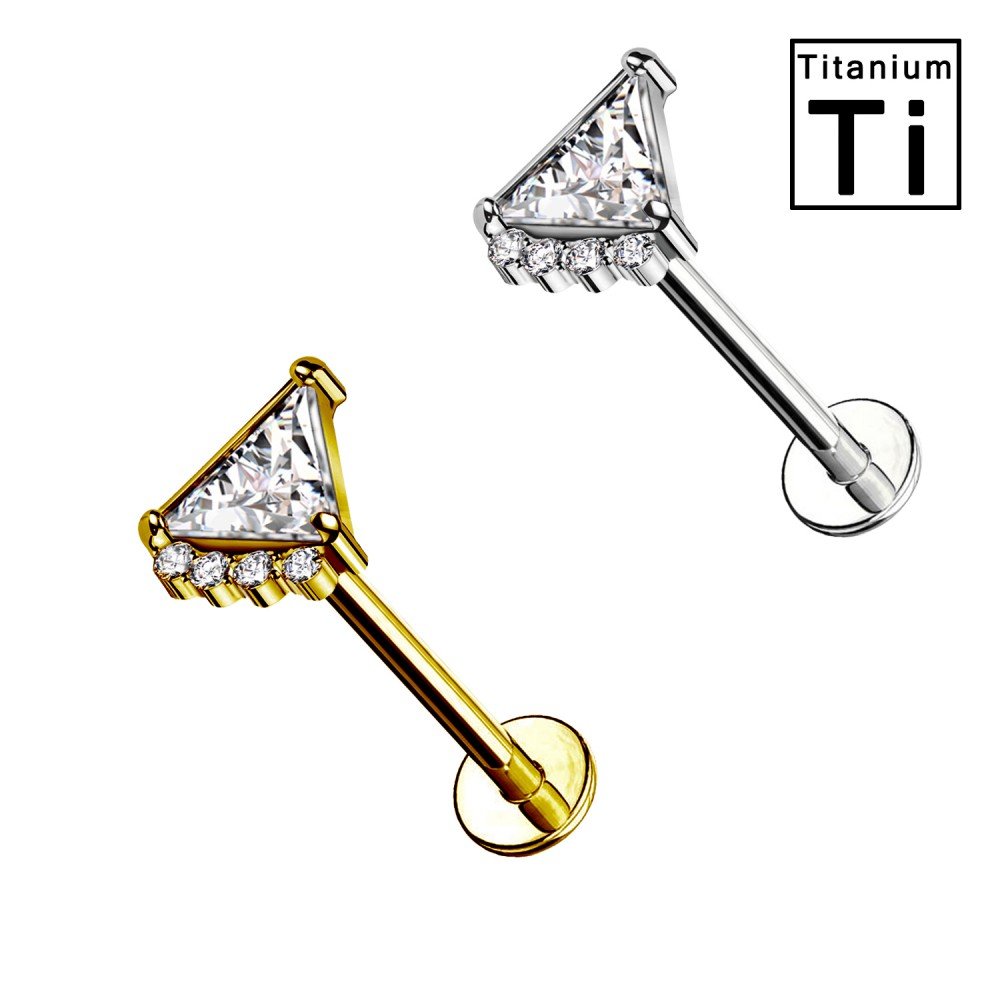 Titanium Labret Piercing with triangle-shaped crystal and small crystals and with Internal Threading