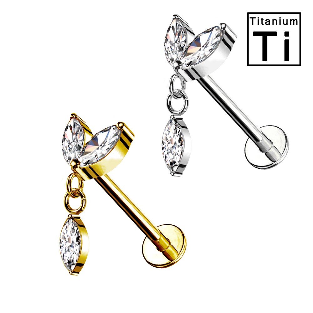 Titanium Labret Piercing in the shape of leaves with pendant and white crystals and with Internal Threading