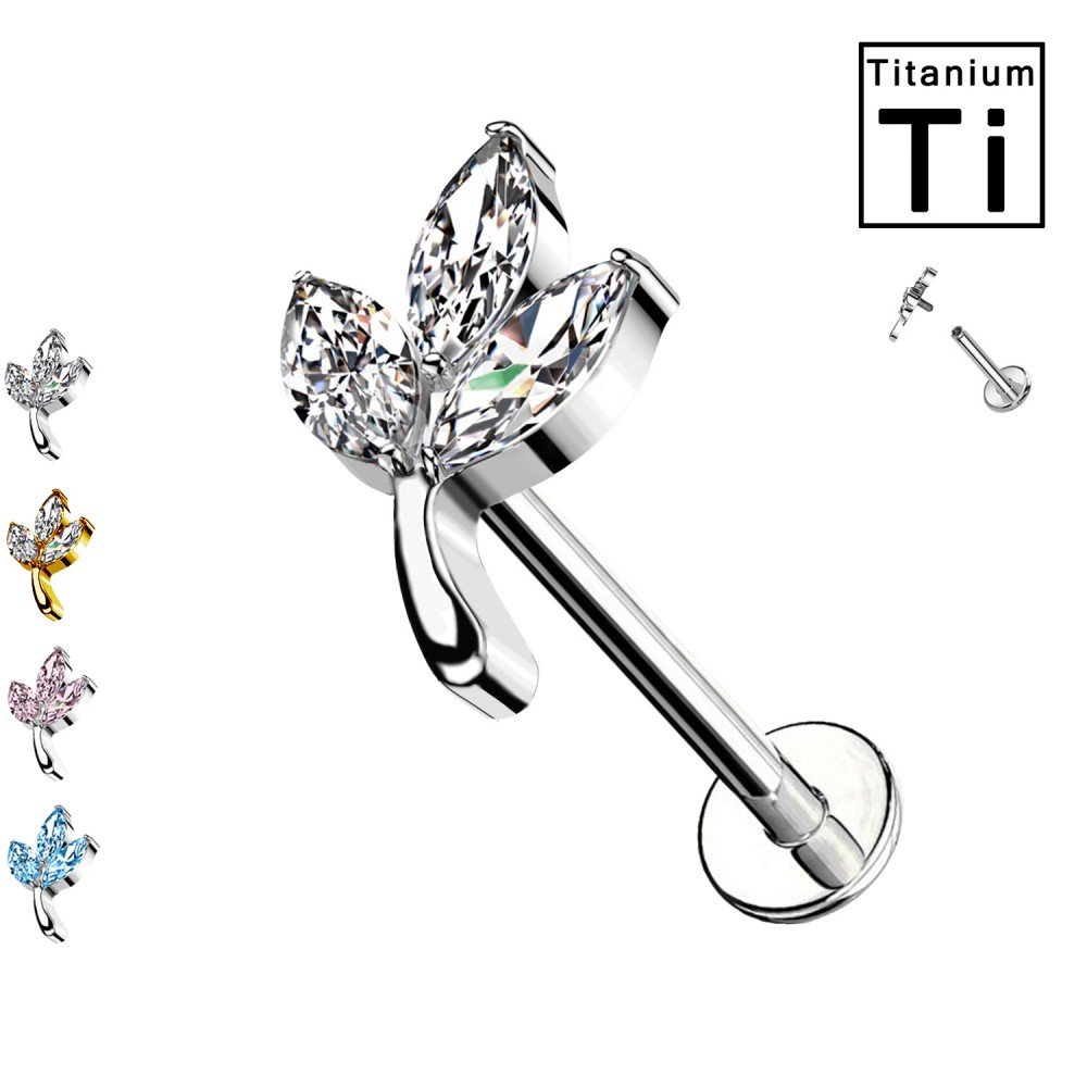 Piercing Labret in Titanio a forma di foglie con cristalli e con Filettatura Interna