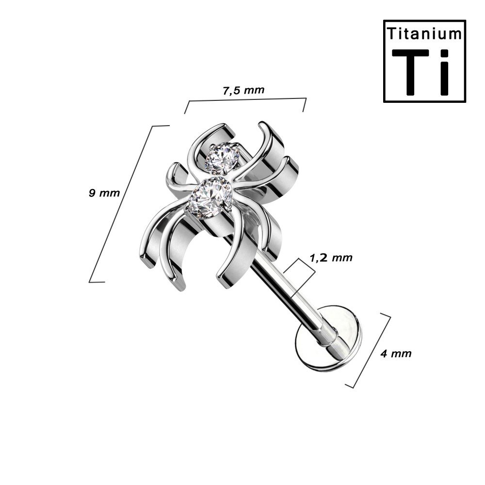 Titanium Labret Piercing in the shape of a small spider with colored crystals. and with Internal Thread