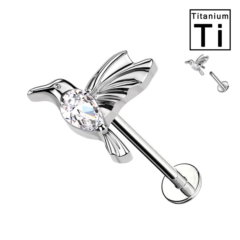 Hummingbird Shaped Titanium Labret Piercing with Crystals and Internal Threading