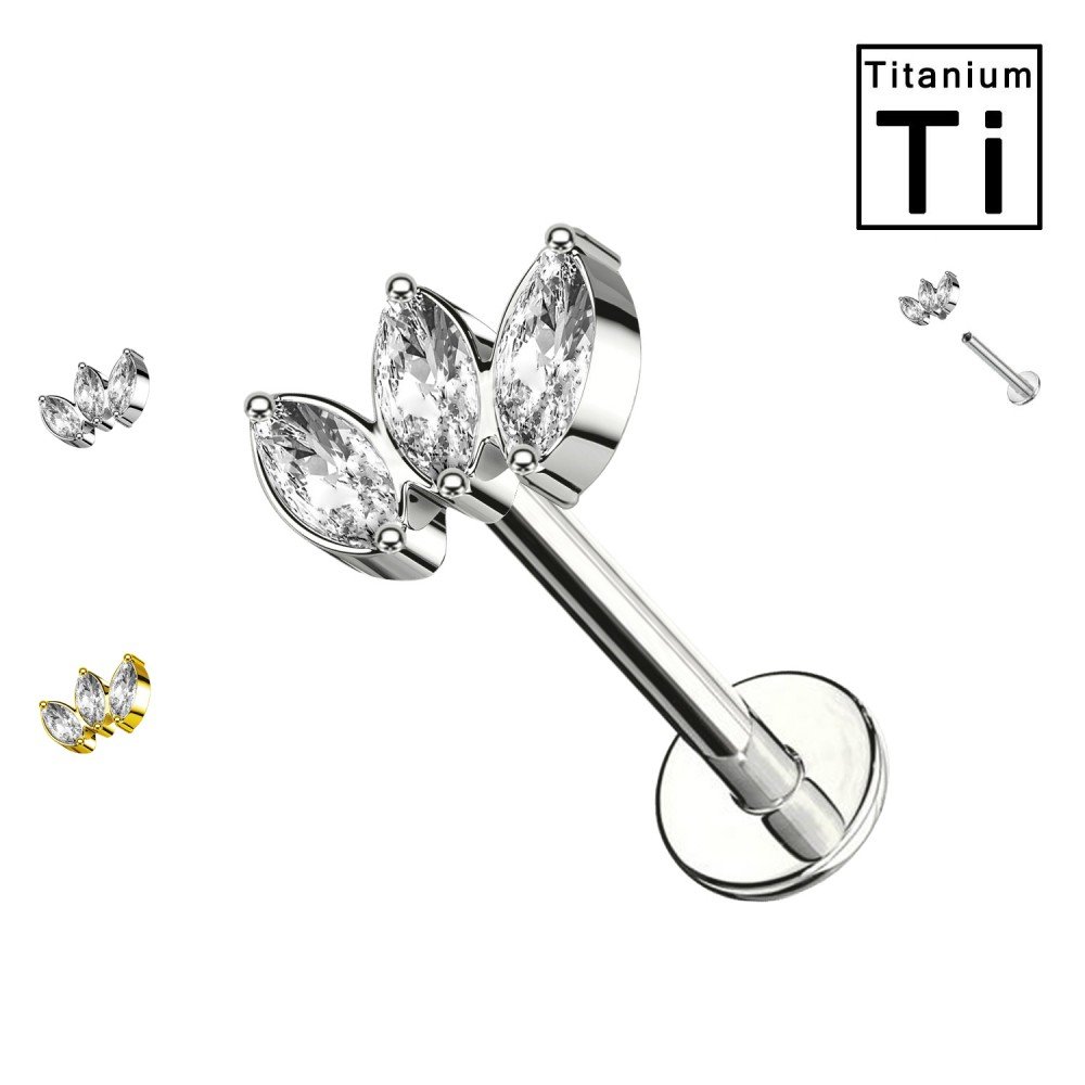 Piercing Labret in Titanio a Forma di Foglia Tripla con Cristalli e con Filettatura Interna