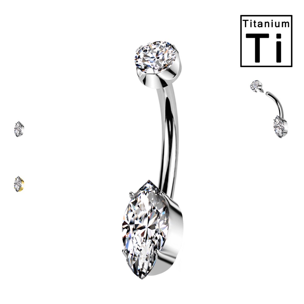 Banana Navel Piercing in Titanium with Oval Crystal and Internal Threading