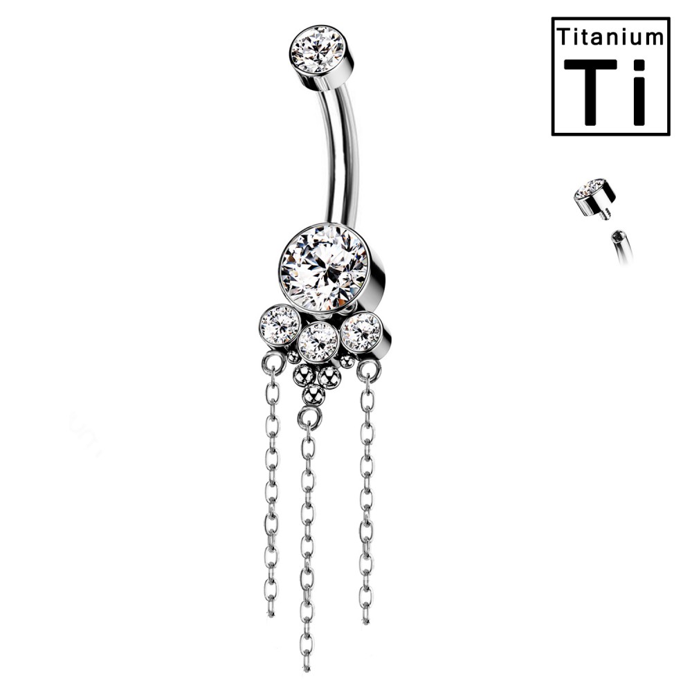 Banana Navel Piercing in Titanium with Crystals and Tassel and with Internal Threading