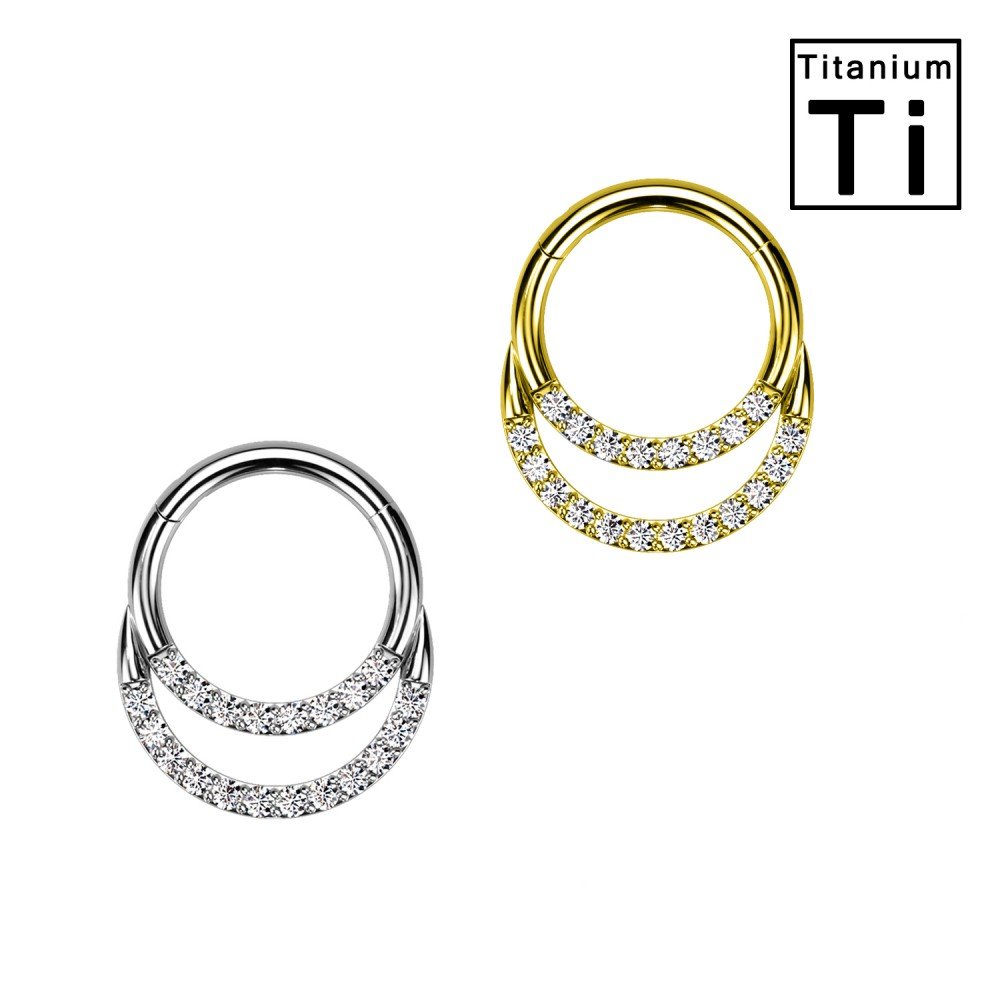 PWY-116 Clicker Hoop Piercing in Titanium with Double Pavé Crystals